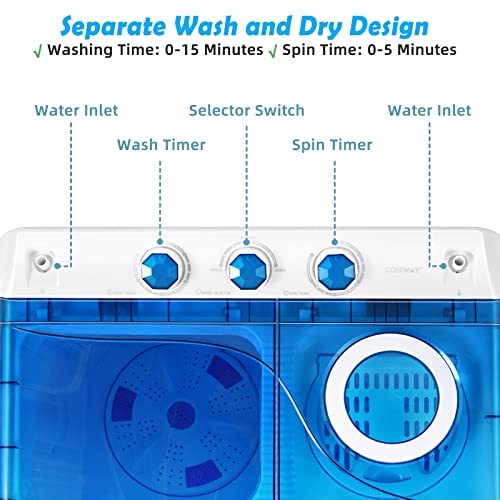 COSTWAY Twin Tub Washing Machine, 4.5KG/6KG/8KG Total Capacity Portable Laundry Washer Spin Dryer with Timing Function & Drain Pump for Apartment Dorms RVs Camping (Blue+White, 6.5kg Washer+2kg Dryer)