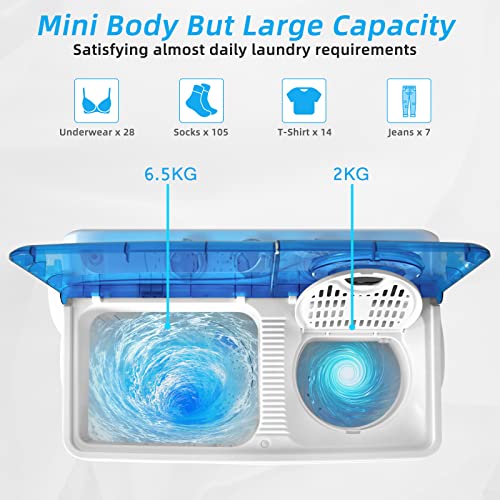 COSTWAY Twin Tub Washing Machine, 4.5KG/6KG/8KG Total Capacity Portable Laundry Washer Spin Dryer with Timing Function & Drain Pump for Apartment Dorms RVs Camping (Blue+White, 6.5kg Washer+2kg Dryer)