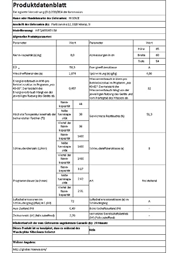 Hisense WFQA8014EVJM Washing Machine with Steam Function / 8 kg/AquaStop / 1400 rpm / 15 Programmes/Inverter PowerDrive Motor/Stainless Steel Drum/Child Lock/Drum Cleaning/White