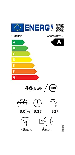 Hisense WFQA8014EVJM Washing Machine with Steam Function / 8 kg/AquaStop / 1400 rpm / 15 Programmes/Inverter PowerDrive Motor/Stainless Steel Drum/Child Lock/Drum Cleaning/White