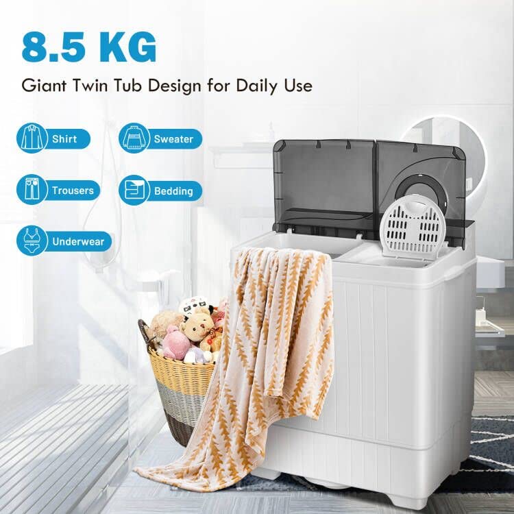 COSTWAY Twin Tub Washing Machine, 4.5KG/6KG/8KG Total Capacity Portable Laundry Washer Spin Dryer with Timing Function & Drain Pump for Apartment Dorms Camping (Grey+White, 6.5kg Washer+2kg Dryer)