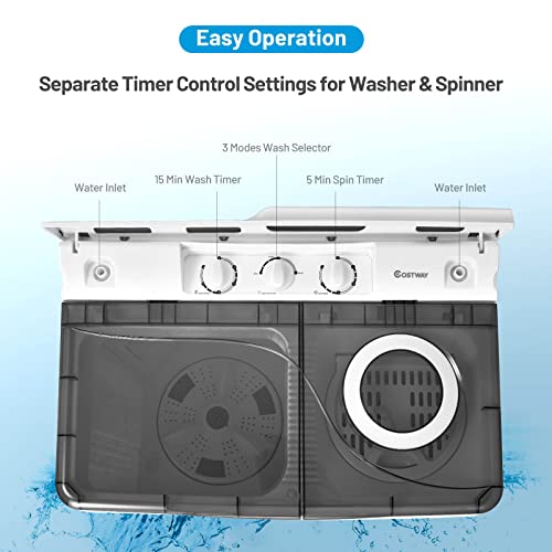 COSTWAY Twin Tub Washing Machine, 4.5KG/6KG/8KG Total Capacity Portable Laundry Washer Spin Dryer with Timing Function & Drain Pump for Apartment Dorms Camping (Grey+White, 6.5kg Washer+2kg Dryer)