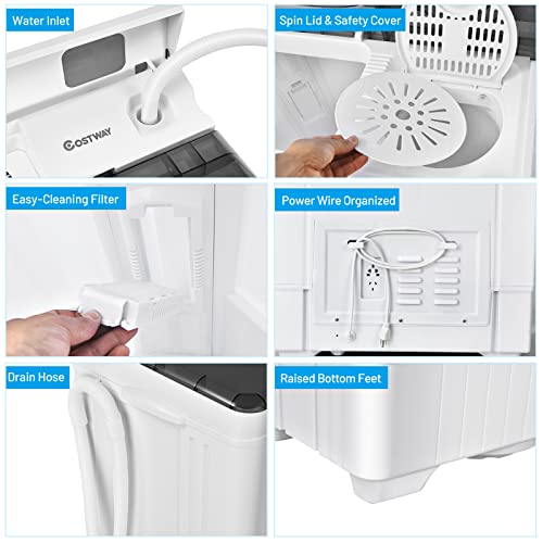 COSTWAY Twin Tub Washing Machine, 4.5KG/6KG/8KG Total Capacity Portable Laundry Washer Spin Dryer with Timing Function & Drain Pump for Apartment Dorms Camping (Grey+White, 6.5kg Washer+2kg Dryer)