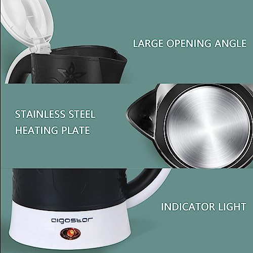 Aigostar Cooltravel 30MBA - Travel Electric Kettle, 650W, 0.6L Mini Water Pot, Auto Shut Off with Boil-Dry Protection, BPA Free, Includes 2 Cups and 2 Spoons, Black.
