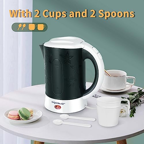 Aigostar Cooltravel 30MBA - Travel Electric Kettle, 650W, 0.6L Mini Water Pot, Auto Shut Off with Boil-Dry Protection, BPA Free, Includes 2 Cups and 2 Spoons, Black.