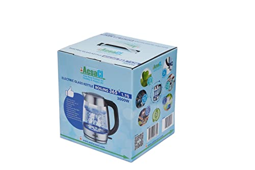 AddAcsaCI PREMIUM Glass Kettle, 1.7L, 3000W FAST Boiling, Illuminating Blue LED ring, with British Technology STRIX Thermostat, BS Plug (1.7 Litres)