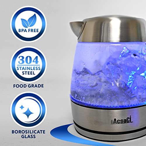 AddAcsaCI PREMIUM Glass Kettle, 1.7L, 3000W FAST Boiling, Illuminating Blue LED ring, with British Technology STRIX Thermostat, BS Plug (1.7 Litres)