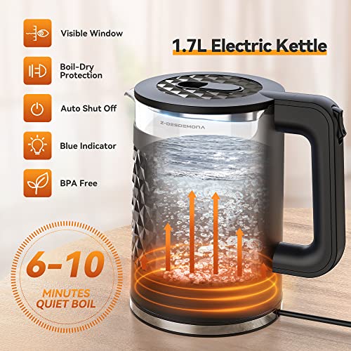 Electric Kettle, Upgraded Limescale One Wipe Clean Bottom 1.7L Glass Kettles Electric, Quiet Boil Kettle with LED Indicator, Cordless Kettle for Tea Coffee, Auto Shut-Off & Visual Window, Black