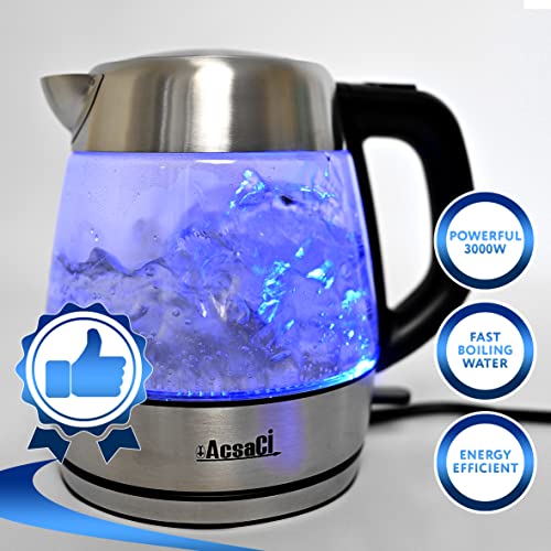 AddAcsaCI PREMIUM Glass Kettle, 1.7L, 3000W FAST Boiling, Illuminating Blue LED ring, with British Technology STRIX Thermostat, BS Plug (1.7 Litres)
