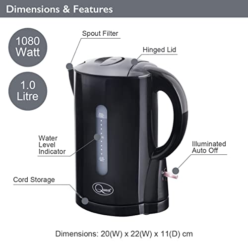 Quest 35039 1 Litre Kettle | Compact Design | Spout Filter | Water Level Indicator | BPA Free | Black
