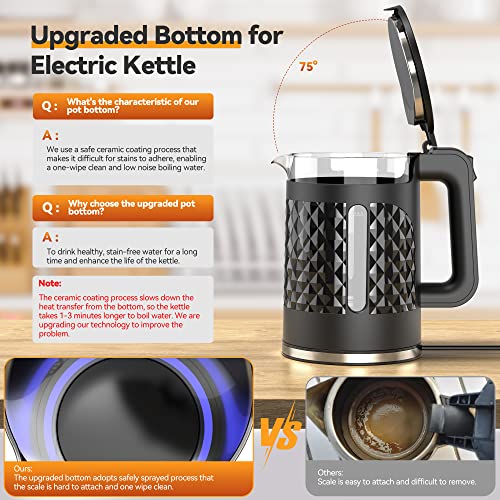 Electric Kettle, Upgraded Limescale One Wipe Clean Bottom 1.7L Glass Kettles Electric, Quiet Boil Kettle with LED Indicator, Cordless Kettle for Tea Coffee, Auto Shut-Off & Visual Window, Black