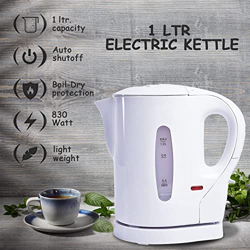 1 Litre 830W Electric Cordless Kitchen Kettle for Caravan Travel Hot Water White Jug by Crystals®