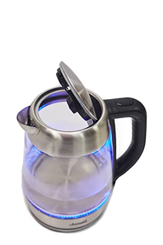 AddAcsaCI PREMIUM Glass Kettle, 1.7L, 3000W FAST Boiling, Illuminating Blue LED ring, with British Technology STRIX Thermostat, BS Plug (1.7 Litres)