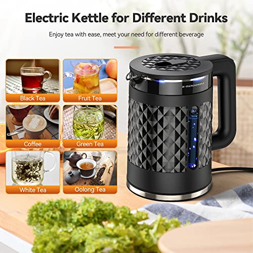Electric Kettle, Upgraded Limescale One Wipe Clean Bottom 1.7L Glass Kettles Electric, Quiet Boil Kettle with LED Indicator, Cordless Kettle for Tea Coffee, Auto Shut-Off & Visual Window, Black