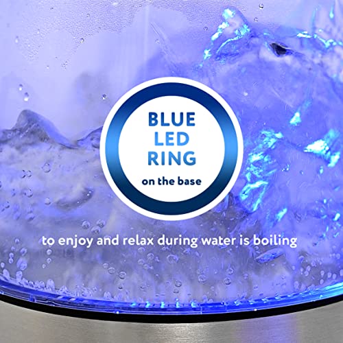 AddAcsaCI PREMIUM Glass Kettle, 1.7L, 3000W FAST Boiling, Illuminating Blue LED ring, with British Technology STRIX Thermostat, BS Plug (1.7 Litres)