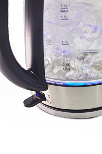 AddAcsaCI PREMIUM Glass Kettle, 1.7L, 3000W FAST Boiling, Illuminating Blue LED ring, with British Technology STRIX Thermostat, BS Plug (1.7 Litres)