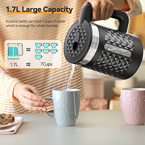 Electric Kettle, Upgraded Limescale One Wipe Clean Bottom 1.7L Glass Kettles Electric, Quiet Boil Kettle with LED Indicator, Cordless Kettle for Tea Coffee, Auto Shut-Off & Visual Window, Black