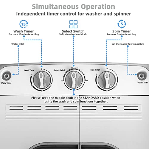 COSTWAY Twin Tub Washing Machine, 5.6KG Total Capacity Portable Laundry Washer and Spin Dryer with Timer Control & Drain Pump for Apartment Dorms Camping, 3.6KG Washer 2KG Drying (White+grey)