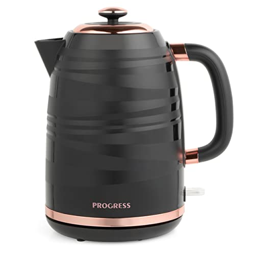 Progress EK4126PBRG 1.7L Jupiter Jug Kettle, Swirl Effect Finish & Rapid Boil, 360 Degree Swivel Base For Left & Right Handed Users, Concealed Heating Element & Boil Dry Sensor, 3000W, Black/Rose Gold