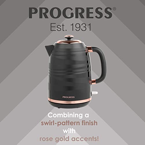 Progress EK4126PBRG 1.7L Jupiter Jug Kettle, Swirl Effect Finish & Rapid Boil, 360 Degree Swivel Base For Left & Right Handed Users, Concealed Heating Element & Boil Dry Sensor, 3000W, Black/Rose Gold