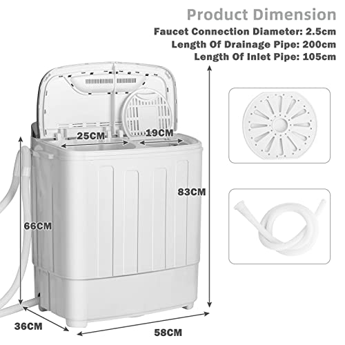 COSTWAY Twin Tub Washing Machine, 5.6KG Total Capacity Portable Laundry Washer and Spin Dryer with Timer Control & Drain Pump for Apartment Dorms Camping, 3.6KG Washer 2KG Drying (White+grey)