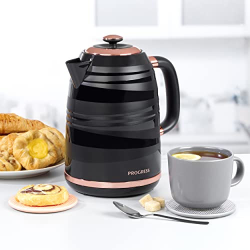 Progress EK4126PBRG 1.7L Jupiter Jug Kettle, Swirl Effect Finish & Rapid Boil, 360 Degree Swivel Base For Left & Right Handed Users, Concealed Heating Element & Boil Dry Sensor, 3000W, Black/Rose Gold