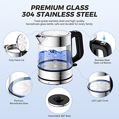 LUUKMONDE 2400W (UK) / 1500W (US) Electric Kettle, 1 L Glass Tea Kettle Light Weight, Cordless Water Boiler with LED Indicator, Auto-Shutoff & Boil-Dry Protection, BPA Free