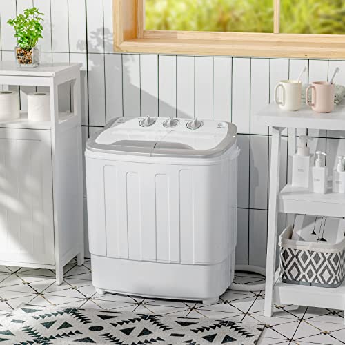 COSTWAY Twin Tub Washing Machine, 5.6KG Total Capacity Portable Laundry Washer and Spin Dryer with Timer Control & Drain Pump for Apartment Dorms Camping, 3.6KG Washer 2KG Drying (White+grey)