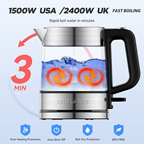 LUUKMONDE 2400W (UK) / 1500W (US) Electric Kettle, 1 L Glass Tea Kettle Light Weight, Cordless Water Boiler with LED Indicator, Auto-Shutoff & Boil-Dry Protection, BPA Free