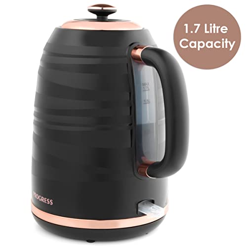 Progress EK4126PBRG 1.7L Jupiter Jug Kettle, Swirl Effect Finish & Rapid Boil, 360 Degree Swivel Base For Left & Right Handed Users, Concealed Heating Element & Boil Dry Sensor, 3000W, Black/Rose Gold