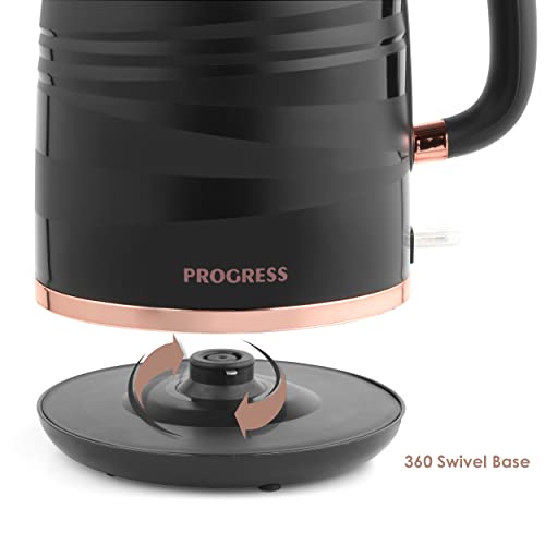 Progress EK4126PBRG 1.7L Jupiter Jug Kettle, Swirl Effect Finish & Rapid Boil, 360 Degree Swivel Base For Left & Right Handed Users, Concealed Heating Element & Boil Dry Sensor, 3000W, Black/Rose Gold