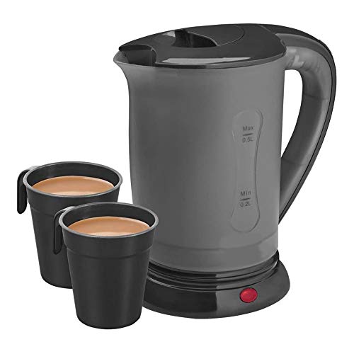 0.5 Litre Compact 600W Dual Voltage Black Travel Kettle with 2 Cups | 110V / 240V
