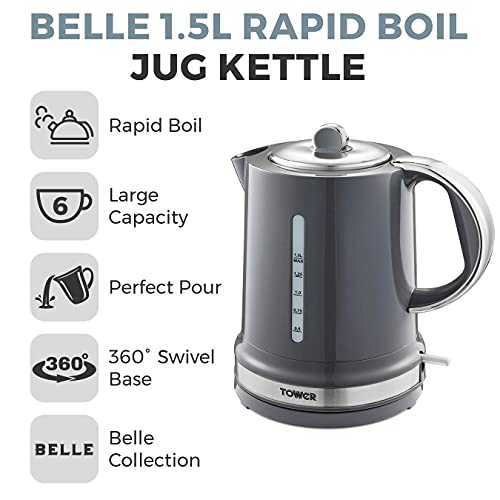 Tower T10049GRP Belle Jug Kettle with Rapid Boil, 1.5 Litre, 3000 W, Graphite