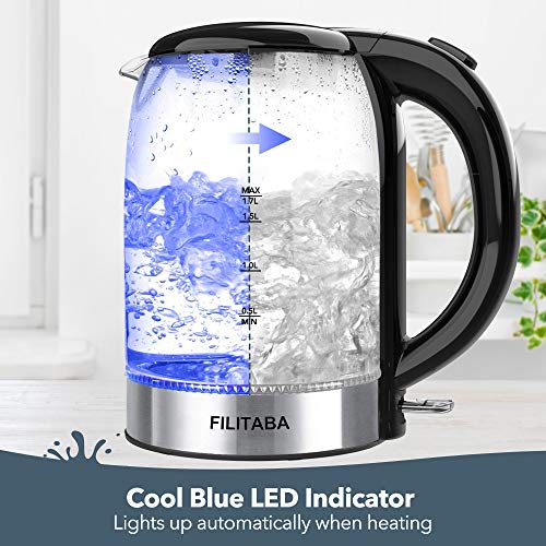 Electric Kettle, 1.7L Glass Water Kettle with Blue LED Indicator Light, BPA-Free Electric Tea Kettle with Boil-Dry Protection and Auto Shut-Off, Fast Boiling