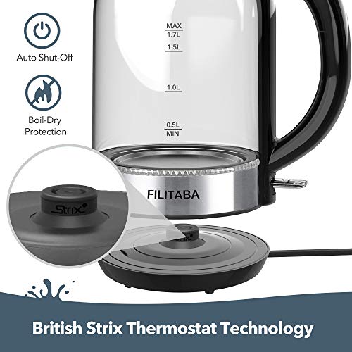 Electric Kettle, 1.7L Glass Water Kettle with Blue LED Indicator Light, BPA-Free Electric Tea Kettle with Boil-Dry Protection and Auto Shut-Off, Fast Boiling
