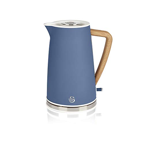 Swan Nordic Jug Kettle, 1.7 Litre, Blue, Rapid Boil, Wood Effect Handle, Scandi Design, Soft Touch Housing and Matte Finish, 3KW, SK14610BLUN