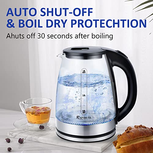 RAINBEAN Electric Kettle Water Boiler, 1.8L Electric Tea Kettle, Wide Opening Hot Water Boiler with LED Light, Auto Shut-Off & Boil Dry Protection, Glass Black