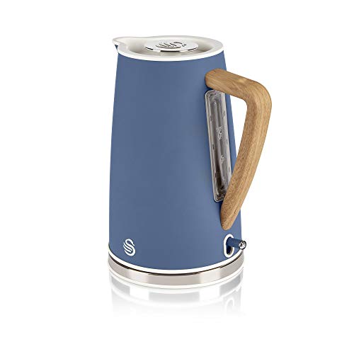 Swan Nordic Jug Kettle, 1.7 Litre, Blue, Rapid Boil, Wood Effect Handle, Scandi Design, Soft Touch Housing and Matte Finish, 3KW, SK14610BLUN