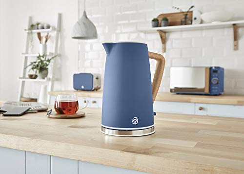 Swan Nordic Jug Kettle, 1.7 Litre, Blue, Rapid Boil, Wood Effect Handle, Scandi Design, Soft Touch Housing and Matte Finish, 3KW, SK14610BLUN