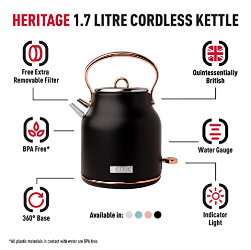 Haden Heritage Electric Black Kettle - Fast Boil 3KW Element, Energy-Saving Design, Auto Shut-Off & Dry Boil Protection - Stainless Steel Kettle - Stylish & Efficient Retro Kettle