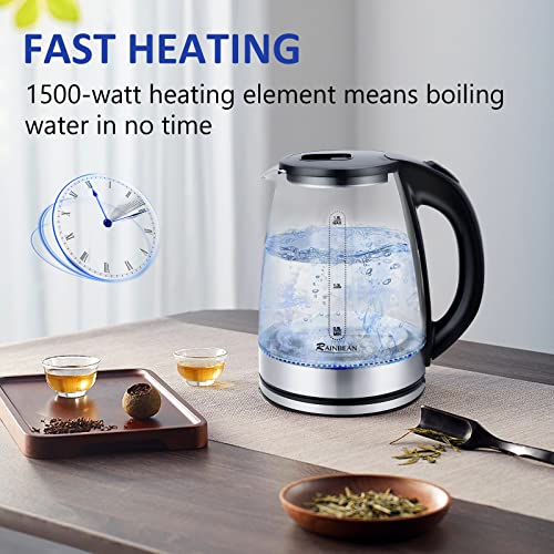 RAINBEAN Electric Kettle Water Boiler, 1.8L Electric Tea Kettle, Wide Opening Hot Water Boiler with LED Light, Auto Shut-Off & Boil Dry Protection, Glass Black