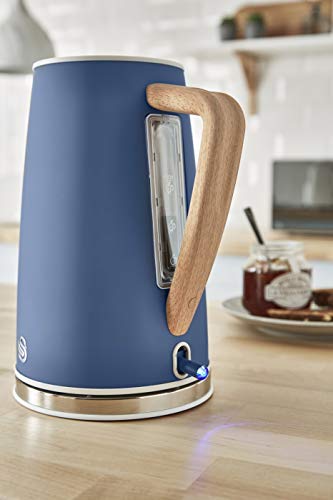 Swan Nordic Jug Kettle, 1.7 Litre, Blue, Rapid Boil, Wood Effect Handle, Scandi Design, Soft Touch Housing and Matte Finish, 3KW, SK14610BLUN
