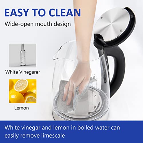 RAINBEAN Electric Kettle Water Boiler, 1.8L Electric Tea Kettle, Wide Opening Hot Water Boiler with LED Light, Auto Shut-Off & Boil Dry Protection, Glass Black