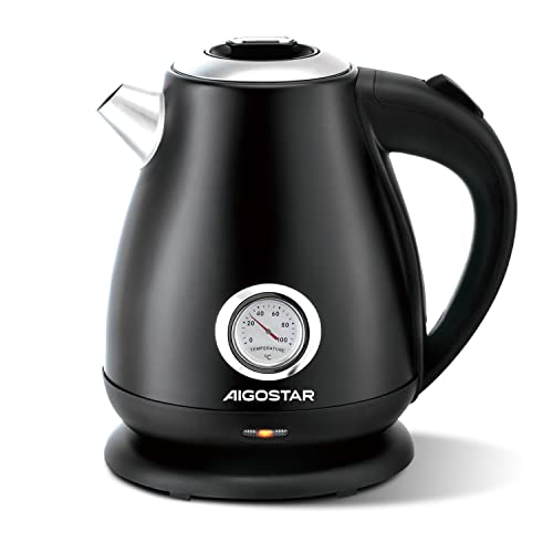 Aigostar 1.7L Electric Kettle with Temperature Gauge, Retro Fast Boil Kettle Cordless, Keep Warm for Coffee Tea, Stainless Steel Kettle for Kitchen Office, 2200W, Black - Adrian 30A0S