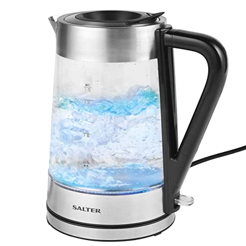 Salter EK5078SS Colour Changing Glass Kettle, Cordless Electric Kettle with Dual Illuminating LED Lights, Boil-Dry Sensor & Anti-Lime Scale Filter, 360° Swivel Base, 1.7 L, 2200 W