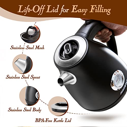 Aigostar 1.7L Electric Kettle with Temperature Gauge, Retro Fast Boil Kettle Cordless, Keep Warm for Coffee Tea, Stainless Steel Kettle for Kitchen Office, 2200W, Black - Adrian 30A0S