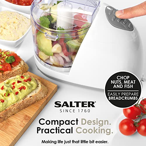 Salter EK2182 Electric 350ml Mini Kitchen Food Processor, 150W, Fruit & Vegetable Chopper With Seasoning Chute, Nut Crusher, Meat Grinder, One Touch Food Preparation, Twin Stainless Steel Blade