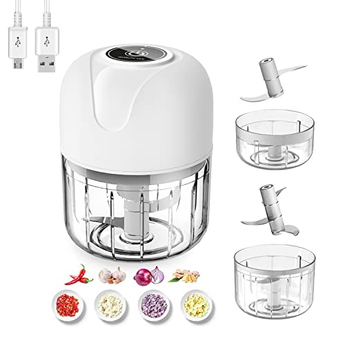 FIOUSY Mini Food Chopper, 100ML+250ML, Wireless Portable Electric Garlic Chopper, USB Charging, Easy to Clean, Food Processor for Baby Food/Peppers/Onions/Garlic/Vegetable/Chili/Meat/Nuts(White)
