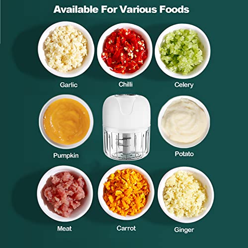 FIOUSY Mini Food Chopper, 100ML+250ML, Wireless Portable Electric Garlic Chopper, USB Charging, Easy to Clean, Food Processor for Baby Food/Peppers/Onions/Garlic/Vegetable/Chili/Meat/Nuts(White)