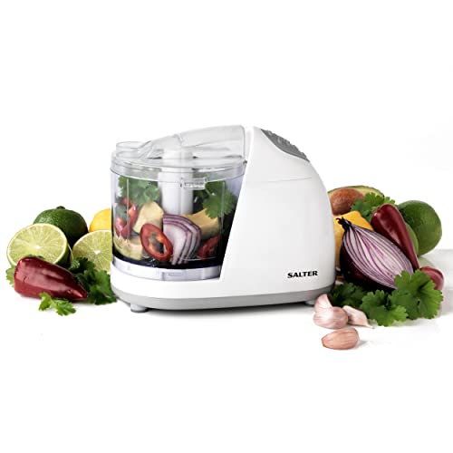 Salter EK2182 Electric 350ml Mini Kitchen Food Processor, 150W, Fruit & Vegetable Chopper With Seasoning Chute, Nut Crusher, Meat Grinder, One Touch Food Preparation, Twin Stainless Steel Blade